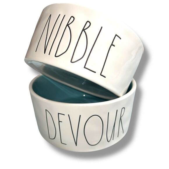 Rae Dunn Pet Dog Cat Dishes Food Bowls Nibble Devour Ceramic White Black Blue - Picture 1 of 14